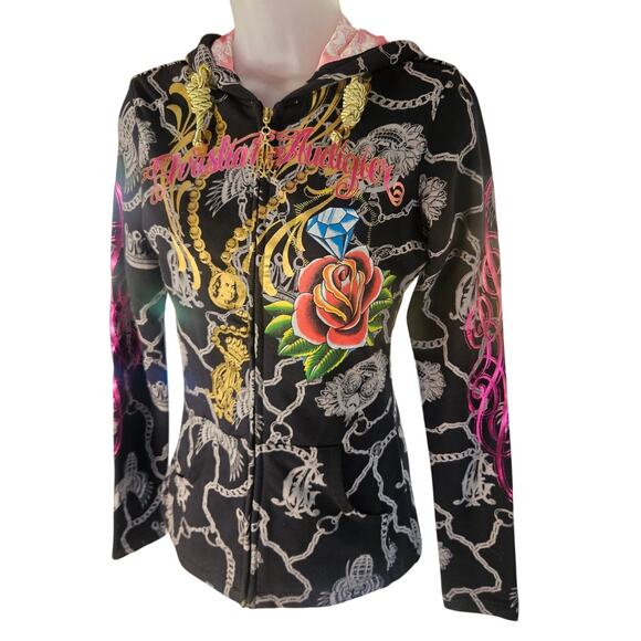 Original Christian Audigier Hoodie "Full of Grace" Gold Hardware Lined Sz XS - Picture 2 of 11